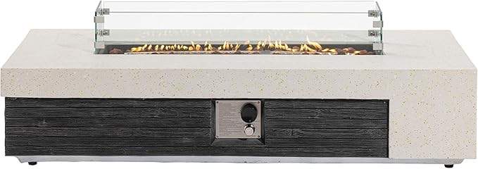 COSIEST 56" Outdoor Propane Fire Pit Table w Tank Cover & Wind Guard, Rectangle Gas Fire Pit Table with Concrete & Wood Grain Design, 50000BTU Fire Tables for Patio, Backyard, Garden
