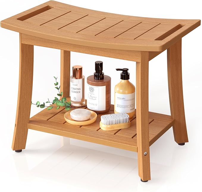 HIPS Shower Benches for Inside Shower, Waterproof Shower Stool with Storage Shelf & Adjustable Feet, SPA Bathroom Seat Chair for Shaving Legs, Indoor or Outdoor Use, Teak
