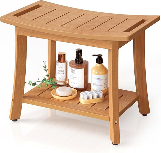 HIPS Shower Benches for Inside Shower, Waterproof Shower Stool with Storage Shelf & Adjustable Feet, SPA Bathroom Seat Chair for Shaving Legs, Indoor or Outdoor Use, Teak
