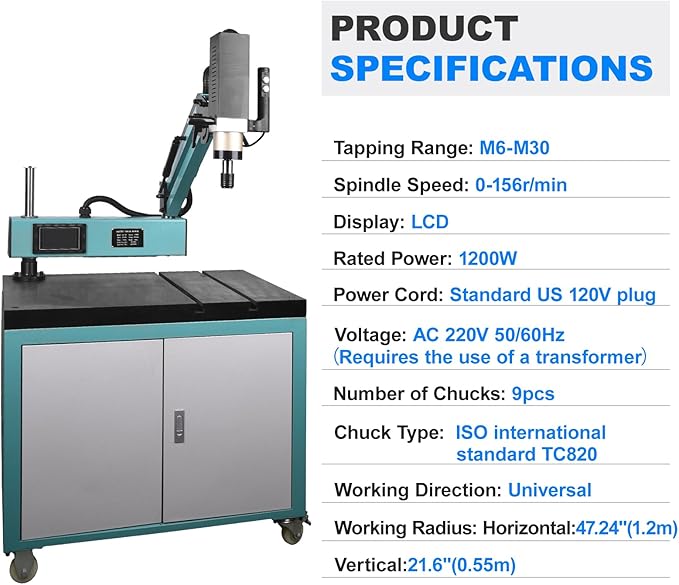 Doppy Electric Tapping Machine M6-M30, 360° Multi-Directions Tapping Machine 0-156rpm/min, 9PCS Collets, Rated Power 1200W, Voltage AC 220V, for Machinery Manufacturing, Mould and Other Industries