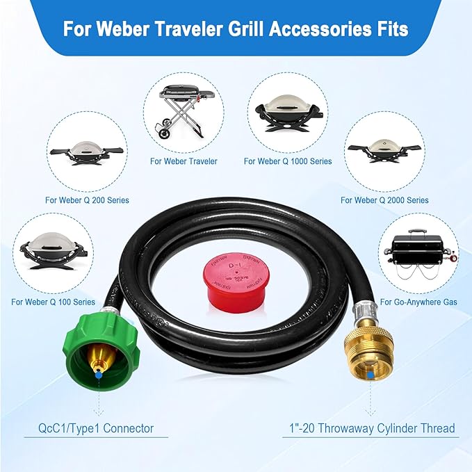6 FT Propane Adapter Hose for Weber Travelev Grill, for Weber Q Series,for Coleman Stoves,for Blackstone 17" 22" Tabletop Griddle,for Char-Broil Portable Grills-Converts 1 lb to 20 lb Cylinders.