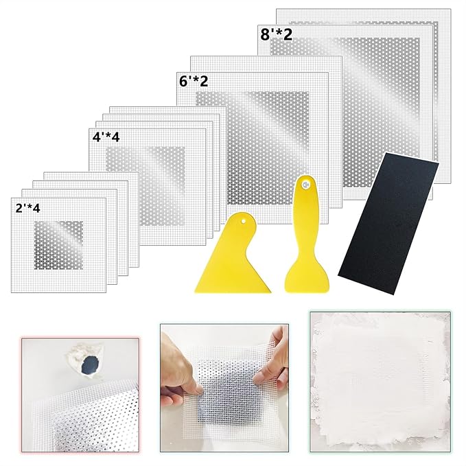 12Pack Wall Repair Drywall Repair Patch kit, Self Adhesive Fiberglass 2/4/6/8 Inch Aluminum Wall Fiber Mesh Large Hole Repair Patch Sheetrock Ceiling Dry Wall Fixing Patch