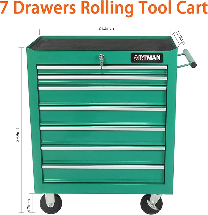 7-Drawer Rolling Tool Cart on Wheels, Multifunctional Trolley Organizer Tool Chest for Workshop, Garage, Warehouse, Repair Shop (7 Drawers-29.9" H-Green)