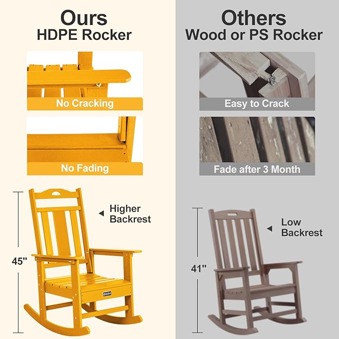 nalone Outdoor Rocking Chair, Oversized Porch Rocker Chair for Adult, All-Weather Resistant Patio Rocking Chair for Garden Lawn(Orange)
