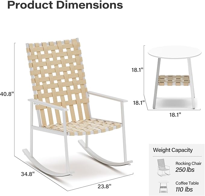 3-Piece Outdoor Patio Furniture Set, Rocking Bistro Conversation Set with 2-Tier Side Coffee Table, Front Porch Furniture for Lawn, Garden, Balcony, Poolside (Beige)