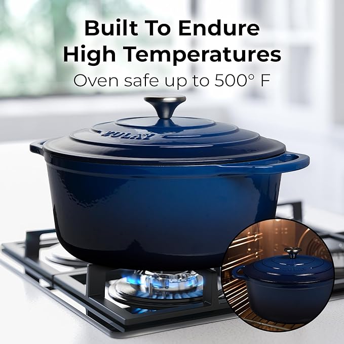 Zulay Kitchen 7.7 Quart Enameled Cast Iron Dutch Oven Pot with Lid – Premium Durability & Oven Safe up to 500°F – Heavy Duty Cookware Perfect for Bread Baking, Stews, Braising & Roasting – Blue