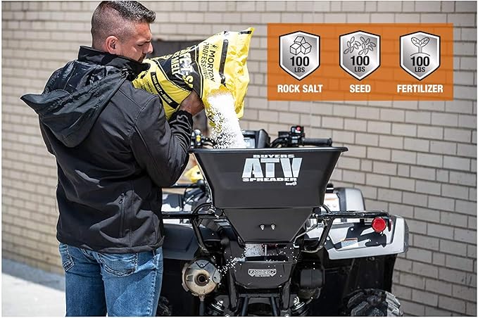 Buyers Products ATVS100 ATV Broadcast Spreader – 100 lb Capacity, Poly Hopper, 12V Motor, Rain Cover Included – Seed, Fertilizer, Salt & Feed Spreader for ATV Accessories