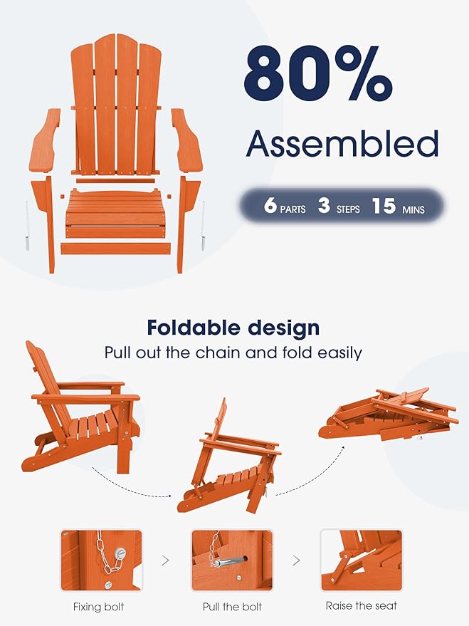 KINGYES Folding Adirondack Chair Set of 8, HDPE All-Weather Folding Adirondack Chair, Orange