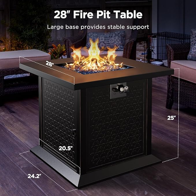 Ciays 28" Propane Fire Pit Table with 50,000 BTU Output, Outdoor Gas Fire Pit Table CSA-Certified for Outside Patio with Glass Rocks and Removable Lid, Extra-Wide Anti-Tip Base for Child & Pet Safe