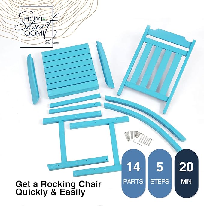 Rocking Chair, All Weather Resistant Poly Lumber Outdoor Porch Rocker, Rocking Chairs for Outdoor, Indoor, Patio, Deck, Garden, Backyard, Load Bearing 380 lbs - Lake Blue