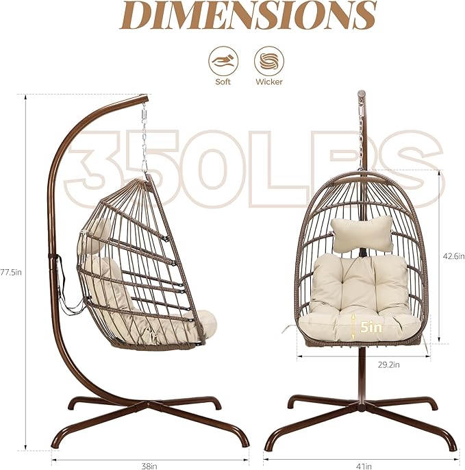 BLUEXYARD Hanging Egg Chair with Stand, 350 Lbs Heavy-Duty Wicker Swing Hammock Swing Basket with Padded Cushion, Modern Dome-Style Eggshell Seat for Indoor Outdoor Patio Garden Bedroom, Brown Tan