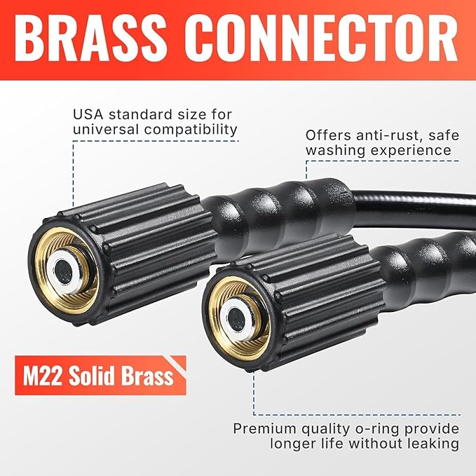 YAMATIC Kink Resistant Pressure Washer Hose 30FT 1/4" M22 Brass Fitting Power Washer Hose Replacement for Ryobi, Troy Bilt, Greenworks, CRAFTSMAN Most Brand Power Washer, 3200 PSI