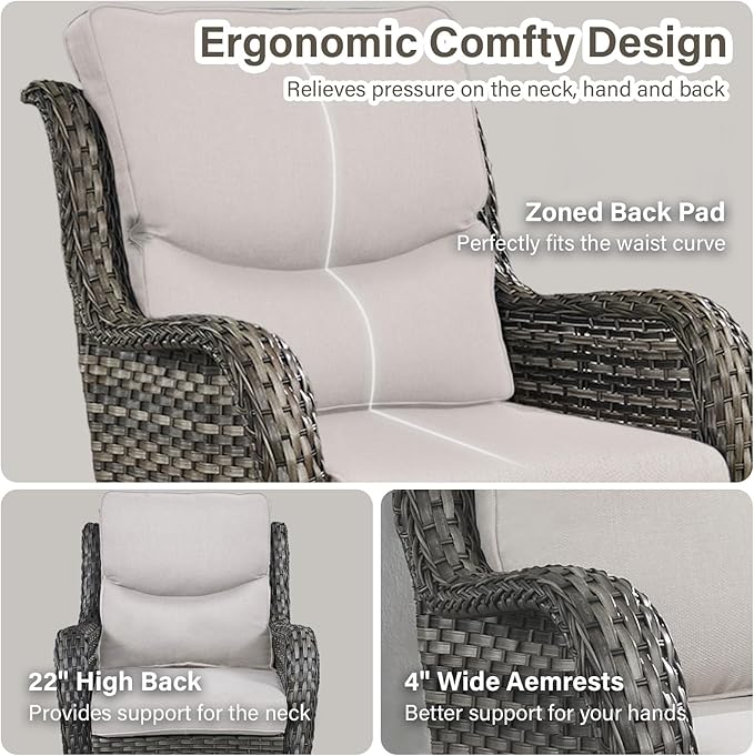 Outdoor Swivel Rocker Patio Chairs Set of 4 with Fire Table - 5" Thick Cushion 6 Piece Furniture Set with Fire Pit Table All Weather Wicker Conversation Set for Porch Deck - Gray/Beige