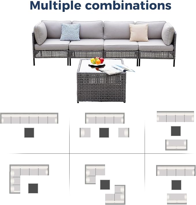 Outdoor PE Wicker Patio Coffee Table with Tempered Glass Top, Square Rattan Side Table for Modular Sectional Sofa, All-Weather Gray Table for Deck, Garden, Balcony