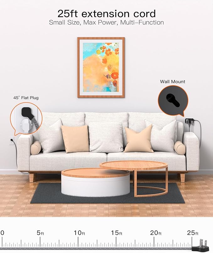 Extension Cord 25 Ft, BESHON Flat Plug Power Strip with 6 Outlets with 4 USB Ports(2 USB C), No Surge Protector for Home Office College Dorm Room Travel Essentials, Black