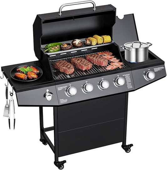 50,000 BTU Gas Grill, 4 Burner BBQ Propane Gas Grill with Side Burner and Stainless Steel Grates,Easy-Clean Grease for Patio, Camping, Outdoor Cooking