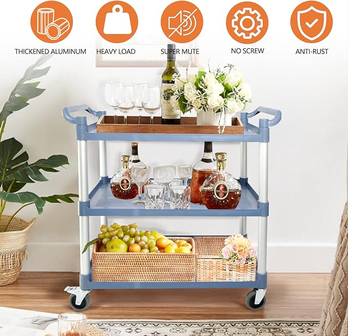 Utility Carts with Wheels Large Size Rolling Cart with Wheels Heavy Duty 600 LBS Food Cart with Lockable Wheels and Hammer for Kitchen/Office/Warehouse, 39.5" D x 19.3" W x 39.5" H(Grey Large Size)
