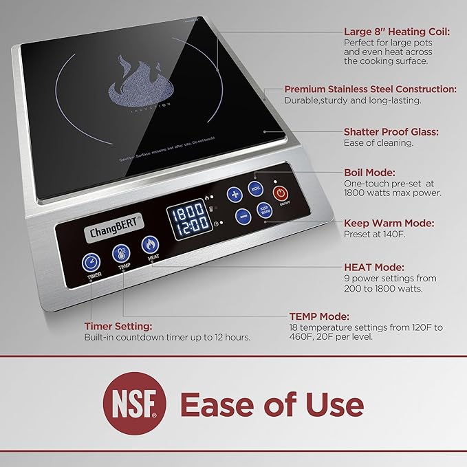 ChangBERT Portable Induction Cooktop, NSF Certified Pro Induction Hot Plate, Powerful 1800W with Large 8" Heating Coil, Premium Stainless Steel, 18 Temp Settings Commercial Grade Countertop Burner