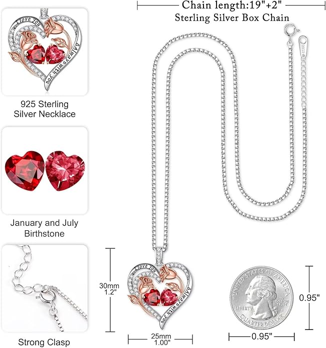 Iefil Christmas Gifts for Women Wife - 925 Sterling Silver Rose Heart Birthstone Necklace Birthday Anniversary Jewelry Gifts for Her Wife Mom Daughter