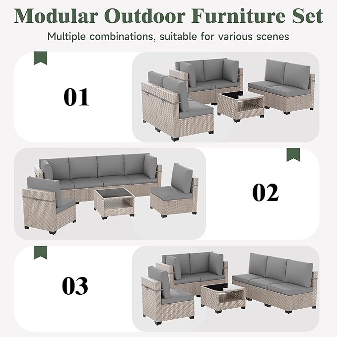 18 Pieces Patio Furniture Set with Fire Pit Table, Outdoor Sectional Wicker Sofa with Thick Cushions, High Back Swivel Rocker Patio Chairs, Rattan Conversation Set with Coffee Table, Grey