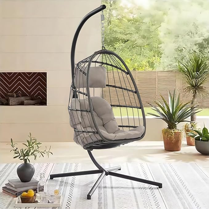 Classic Egg Hammock Chair with Stand, Weather-Resistant PE Rattan & Steel Frame, Indoor/Outdoor Hanging Chair for Patio, Garden, Living Room - Cushioned Seat & Headrest (Light Grey)