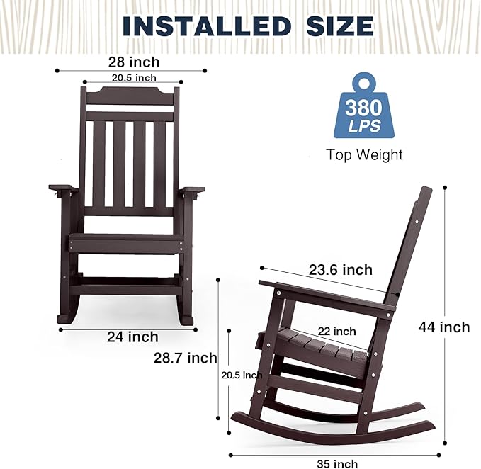 Rocking Chairs Set of 4, All Weather Resistant Poly Lumber Outdoor Porch Rocker, Rocking Chairs for Outdoor, Indoor, Patio, Deck, Garden, Backyard, Load Bearing 380 lbs - Brown