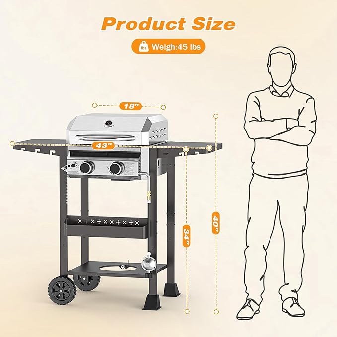 2 Burner BBQ Propane Gas Grill, Stainless Steel 16,000 BTU Patio Garden Barbecue Grill with Two Foldable Shelves, Gas Grill with Grates and Griddle Pan for Outdoor Cooking and BBQ