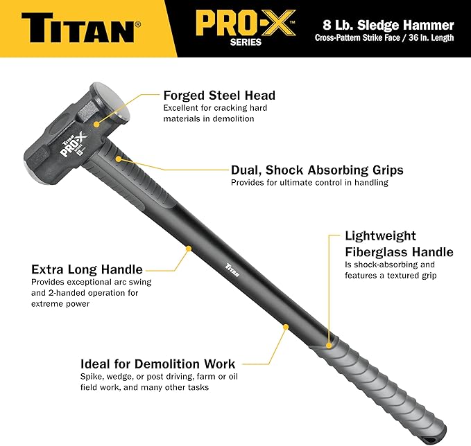 Titan Pro-X 63018 8lb Sledge Hammer, Dual-Face Sledge with Cross-Pattern Face for Concentrated Power & Flat Face for Stake Driving, Overstrike Protection, 36" Fiberglass Handle with Textured Grip
