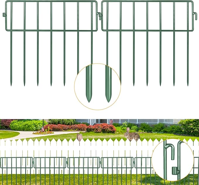 Adavin Green Animal Barrier Fence, 28 Pack 12 in(L)X10 in(H) No Dig Garden Decorative Fence 1.5" Gap, Rustproof Metal Dig Deterrent Panel Border for Dog Rabbits, Ground Stakes Outdoor Patio,Total 28Ft