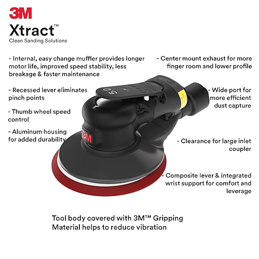 3M Random Orbital Sander, Xtract Pneumatic 88946, 5 in, Self-Generated Vacuum, 3/16 in Orbit, Ergonomic and Lightweight ROS, 209W Motor, Dust Extraction