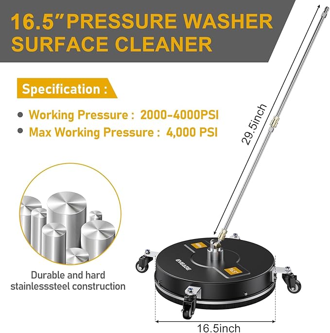 EVEAGE 16.5" Black Pressure Washer Surface Cleaner, Stainless Steel Power Washer Surface Cleaner w/Extension Wand, Wheels 4 and Replacement Nozzle -Powerful Pressure Washer Attachment(16.5 Black)