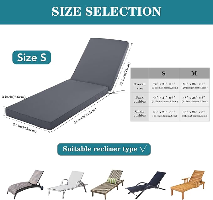Outdoor Chaise Lounge Cushion Set of 2, Fadesafe Water-Repellent Lounge Deck Reclining Chair Cushions for Patio Furniture Lawn Pool Resort Hotel, 80x26x3 Inch, Dark Grey