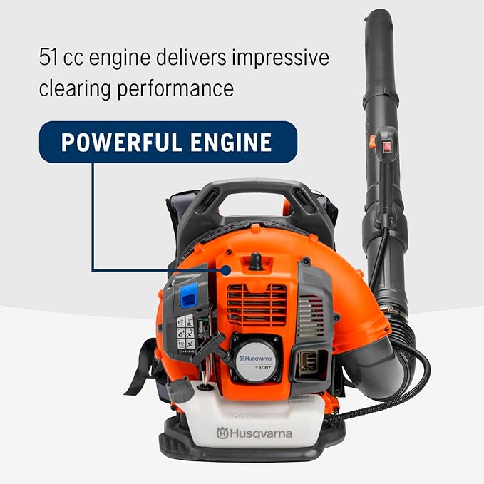 Husqvarna 150BT Gas Leaf Blower, 51-cc 2.16-HP 2-Cycle Backpack Leaf Blower, 765-CFM, 270-MPH, 22-N Powerful Clearing Performance and Ergonomic Harness System, 970466901