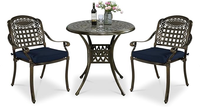 VIVIJASON 3-Piece Outdoor Patio Bistro Set, All-Weather Cast Aluminum Furniture Dining Sets Include 2 Cushioned Chairs and 31" Round Table w/Umbrella Hole for Balcony, Backyard, Navy Blue Cushion