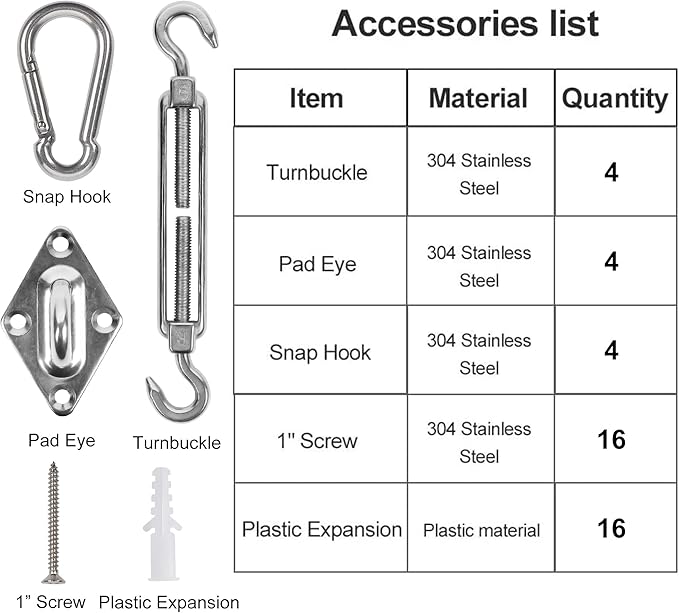 yofit 44 Pcs Shade Sail Hardware Kit, 6 Inch Outdoor Sun Sail Accessories, 304 Stainless Steel Turnbuckles & Brackets for Triangle/Rectangle Sails, Patio Canopy Installation Hardware Set Waterproof