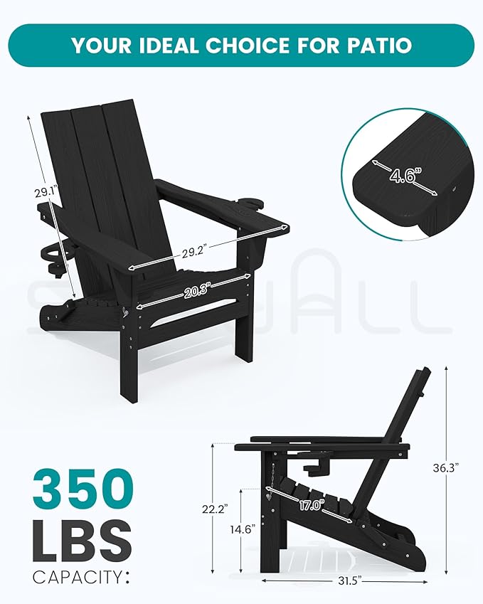 SERWALL Adirondack Chair with Dual Cup Holders, Folding Modern Adirondack Chair, HDPE Outdoor Fire Pit Chair for All Weather Using, Black