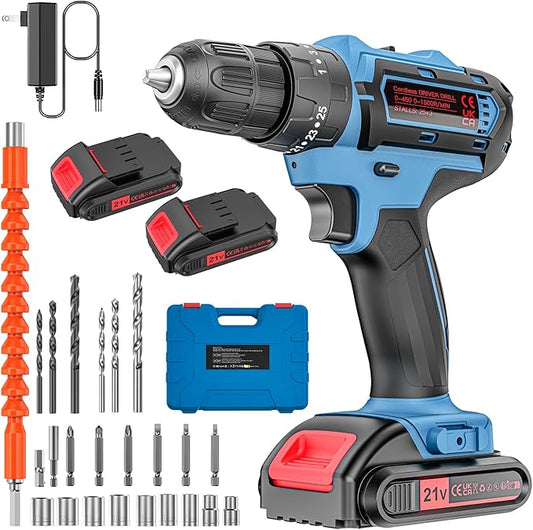 Cordless Drill Set, 21V Power Drill with 2 Batteries and Charger, 25+3 Torque Setting Electric Drill with 26 Acessories, Built-in 3/8'' Keyless Chuck, LED Light, Max 398 in/lb Electric Screwdriver