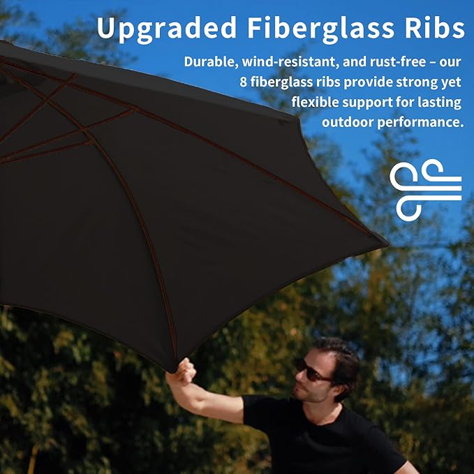 10FT Patio Umbrella Outdoor Market Umbrella with Crank and Tilt, 8 Flexible Fiberglass Ribs, UV-Resistant Waterproof Canopy for Patio, Deck, Garden, Backyard, Black