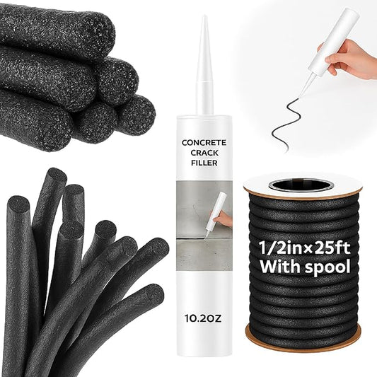 Backer Rod Concrete Crack Filler Set 1/2 Inch x 25 ft Foam Backer Rod with 10.2 oz Self-Leveling Sealant, Waterproof, Weather Resistant for Gaps Concrete Crack Filler Cement Repair (Black)