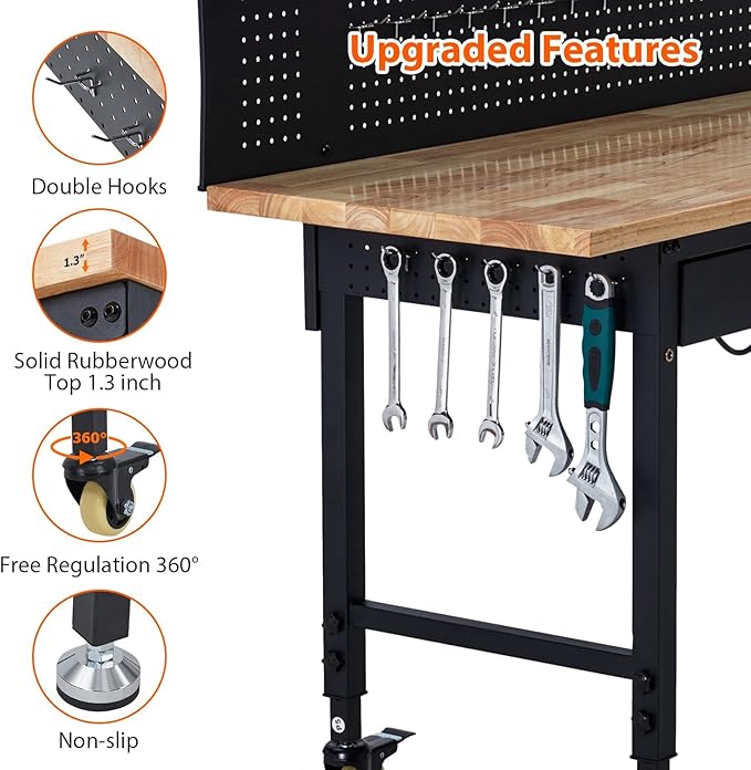 60x22 Inch with Drawer&Backplate，Work Table with 2000LBS Capacity, Mobile Workbench with Adjustable Height Rubber Wood Top, 27.8''-39.5''Height, Locking Wheels & Power Outlets for Workshop Warehouse