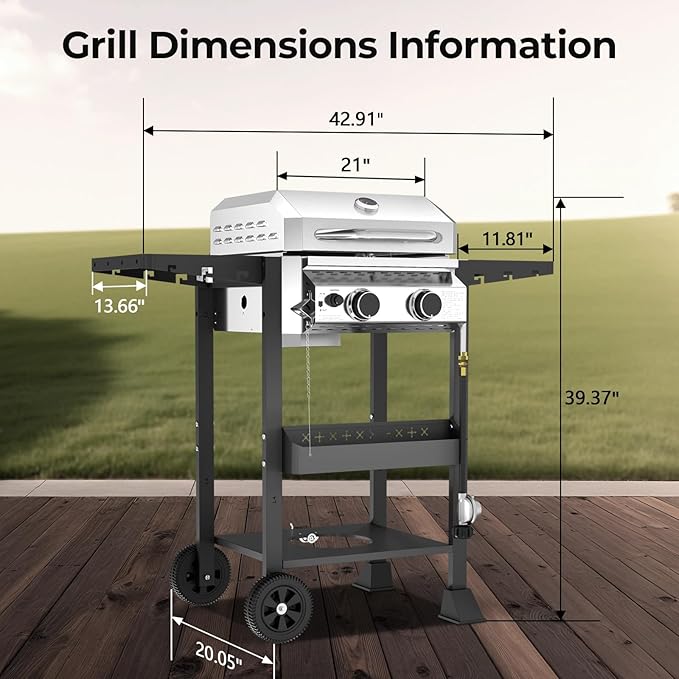 R.W.FLAME G20B Propane Gas Grill with 2-Burner, 16000 BTU Stainless Steel Outdoor BBQ Grill for Cooking with Top Cover Lid,Wheels,Side Storage Shelves,hooks Portable Barbeque for Patio Garden Camping