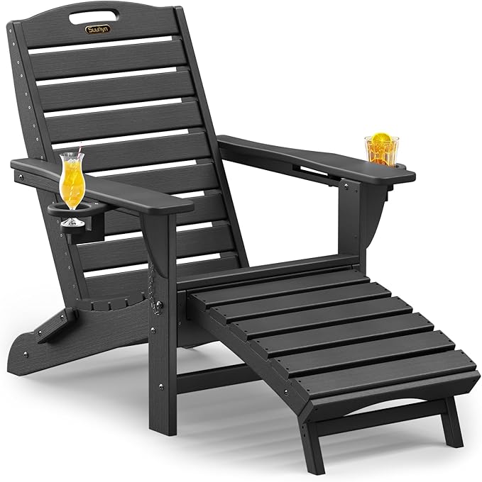 Folding Adirondack Chair with Retractable Ottoman Weather Resistant Fire Pit Chair Patio Chair with 2 Cup Holder Lawn Outdoor Lounge Chair (Black)
