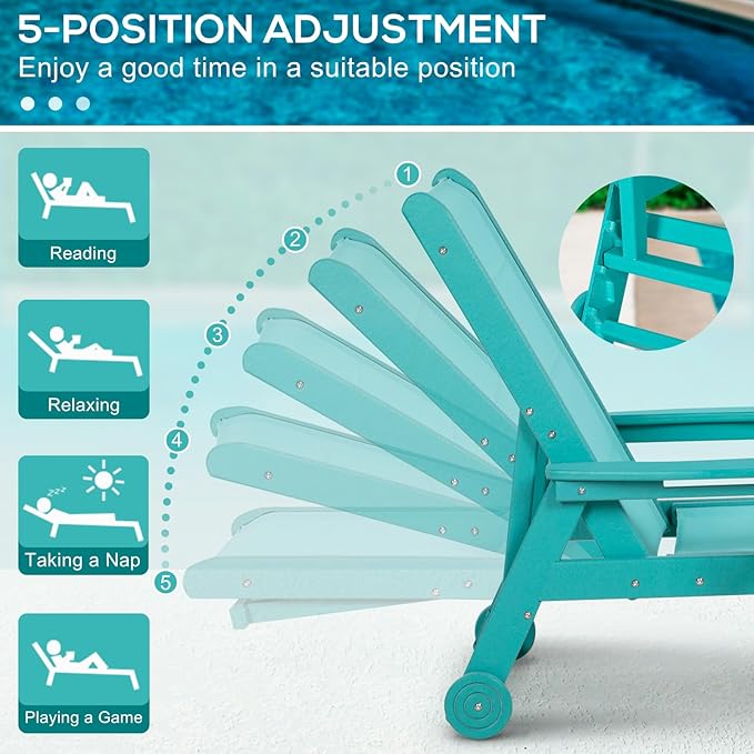 Outdoor Chaise Lounge Chair with Table Set of 3, 5-Position Adjustable Patio Lounge Chair with Wheels & Cup Holder, HDPE Pool Lounge Chair for Outside, Poolside & Beach (Aruba)