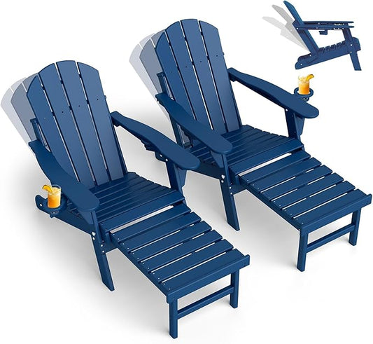 GREENVINES Adjustable Adirondack Chair with Retractable Ottoman Set of 2 | Folding | HDPE Plastic | Fire Pit Chairs w/Foot Rest | 2 Cup Holders | Blue | for Outdoor Patio Poolside Deck