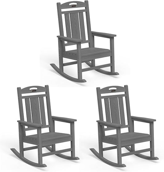 Ciokea Outdoor Rocking Chairs Set of 3, HDPE Porch Rocking Chairs for Outside, All-Weather Comfortable Patio Rockers for Front Deck Balcony, Grey