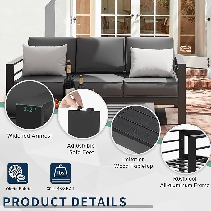 Amopatio Aluminum Patio Furniture Set, 8 Pieces Modern Patio Conversation Sets, Outdoor Sectional Metal Sofa with Coffee Table for Balcony, Garden, Dark Grey (Included Waterproof Covers)