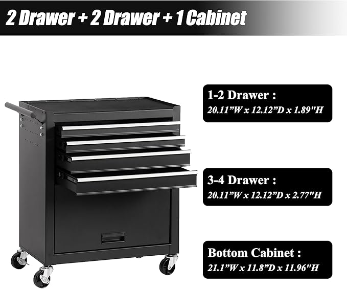 4 Drawers Tool Cart on Wheels, Multifunctional Rolling Storage Tool Chest, Drawers Rolling Toolboxes Organizer Tool Case for Garage,Warehouse,Workshop,Repair Shop (4 Drawers 1 Cabinet - Black)