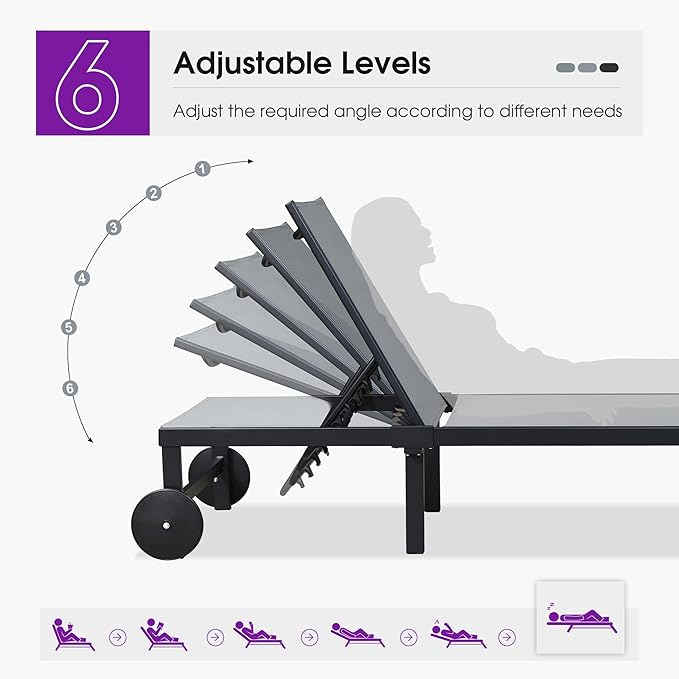 PURPLE LEAF Outdoor Chaise Lounge Chairs Set Recliner Aluminum Adjustable Chair with Wheels and Table for Poolside Beach Patio Reclining Sunbathing Lounger, Grey