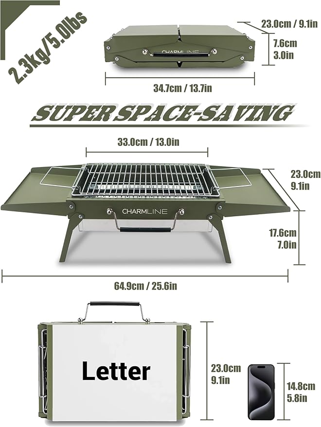 Charmline 14x9 inches Small Portable Charcoal Grill, Compact Portable BBQ Grill, Tabletop Charcoal Grills for Camping, Picnics, Gardens and Beach Parties, Green