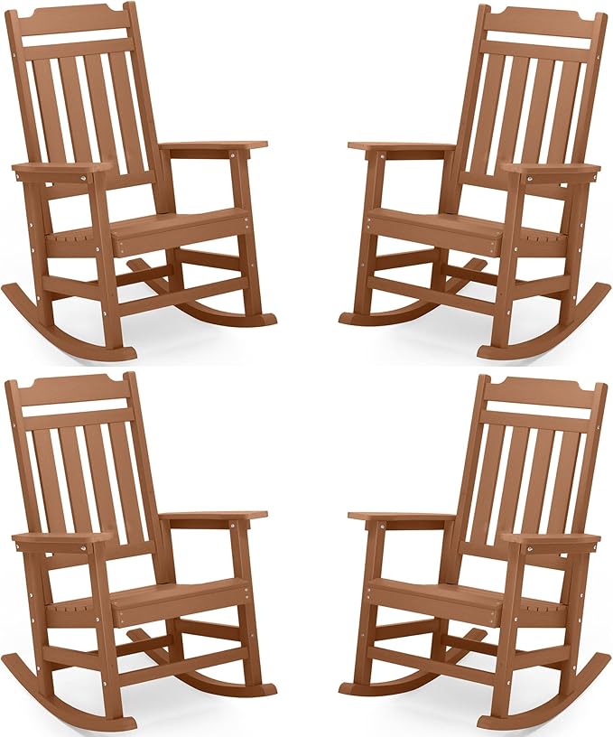 Rocking Chairs Set of 4, All Weather Resistant Poly Lumber Outdoor Porch Rocker, Rocking Chairs for Outdoor, Indoor, Patio, Deck, Garden, Backyard, Load Bearing 380 lbs - Teak